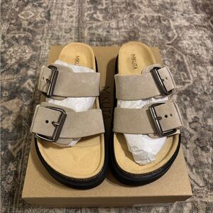 Mikuta Beige Suede Buckle Sandals